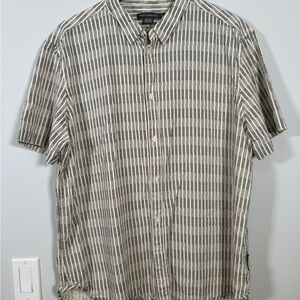 🌿 French Connection‎ Men's Shirt XL Cream Navy Striped Linen Blend Short Sleeve